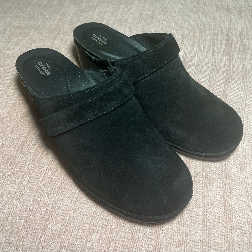 Crocs Sarah Black Suede Heeled Clogs Mule